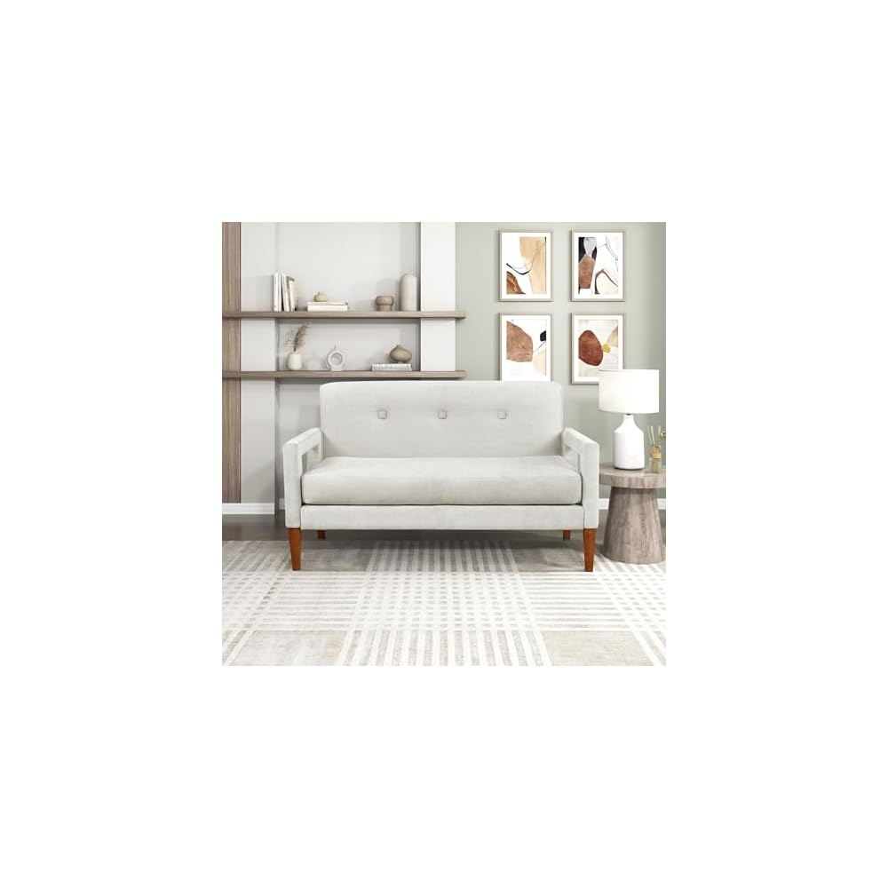 Lexicon Modern Loveseat, Chenille Fabric Upholstered with Button Tufted Backrest, Wrapped Square Armrests and Solid Wood Leg, Comfy Loveseat Sofa for Living Room, Beige