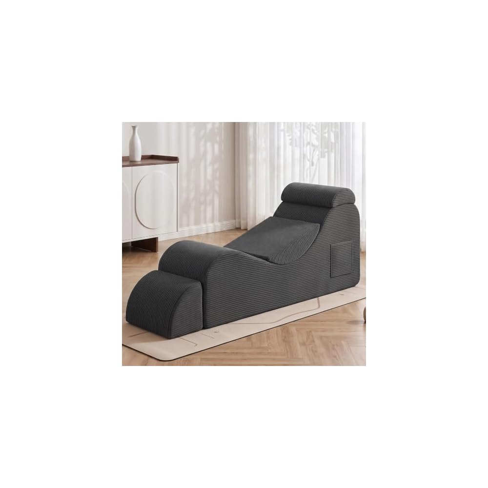 Convertible Yoga Chair for Adults, Ergonomic Lounge Chair Indoor with Side Pocket, Headrest, Waist Pad, Ottoman No Assembly Required(Grey)