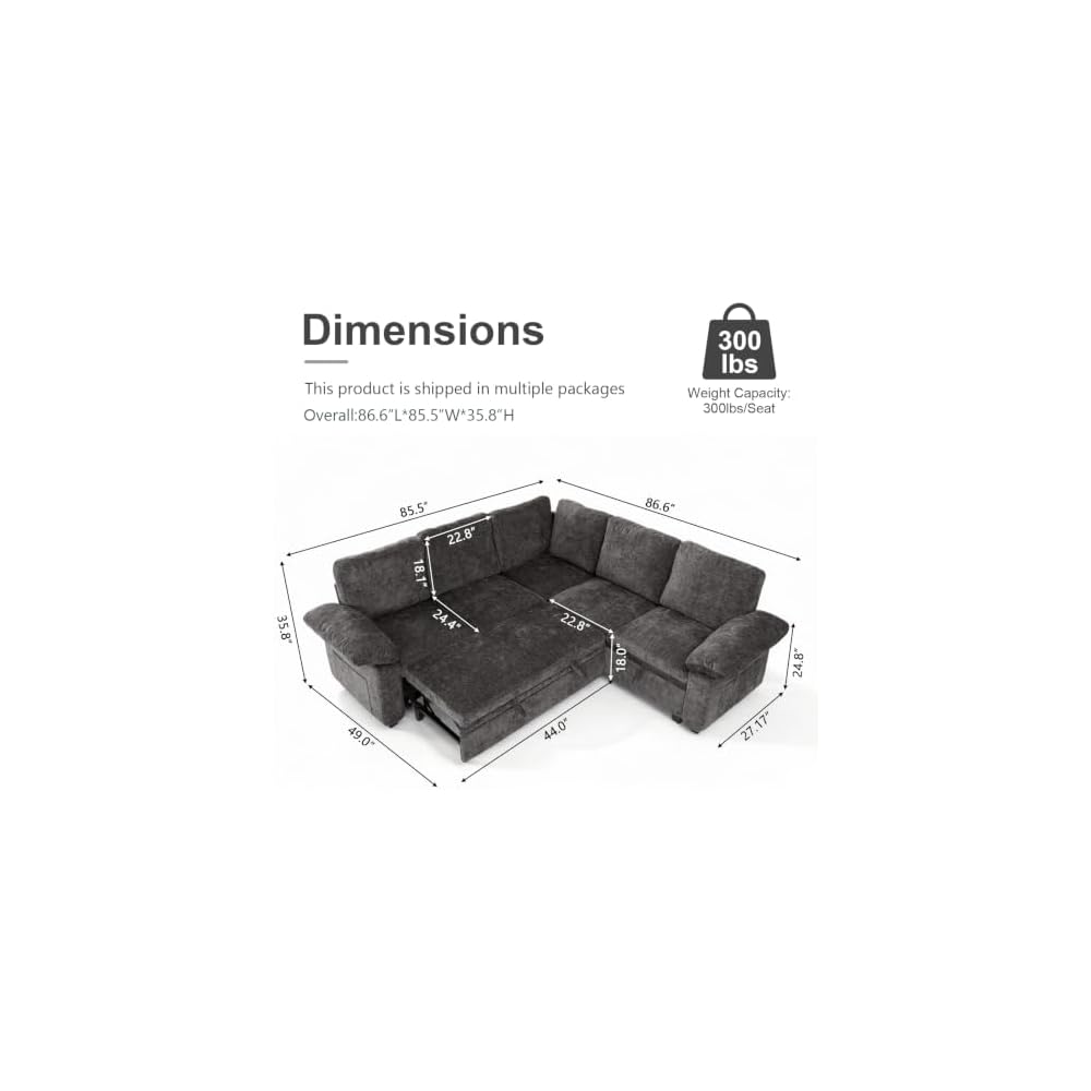 85'' Modular Sectional Sofa with Pull Out Bed, L‑Shaped Sleeper Sofa, Gray