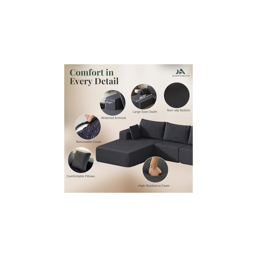 108" L-Shaped Sectional Boneless Couch for Living Room