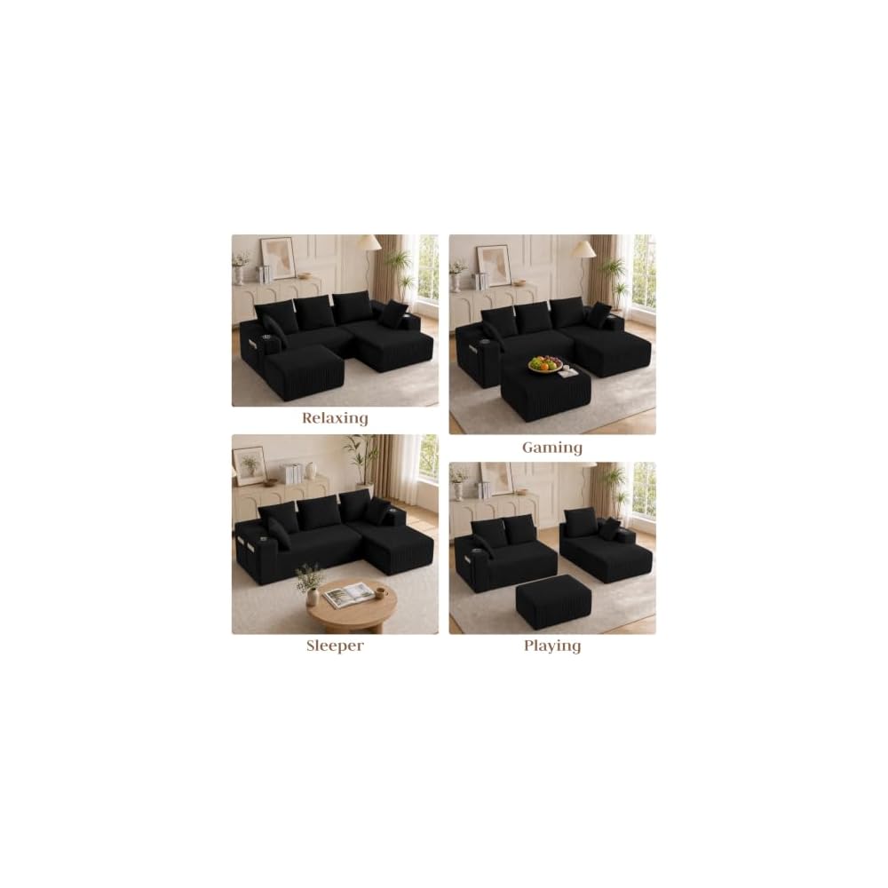 95" Boneless Couch, U-Shaped Modular Sectional Sofa with Ottoman