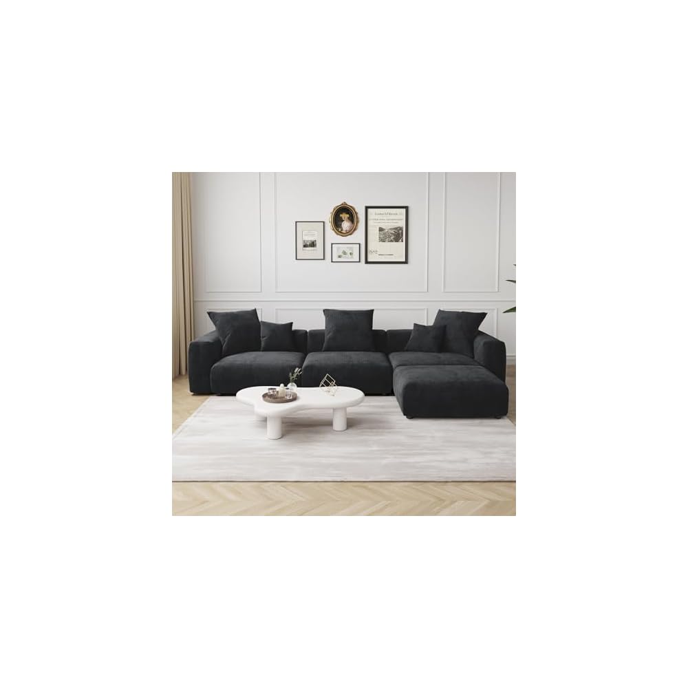 JACH Modern Corduroy Sectional Couch, Modular Sectional Sofa with Chaise Ottoman, Cushion Covers Removable, Oversized Deep Seat Soft Couches for Living Room, Office (Black)