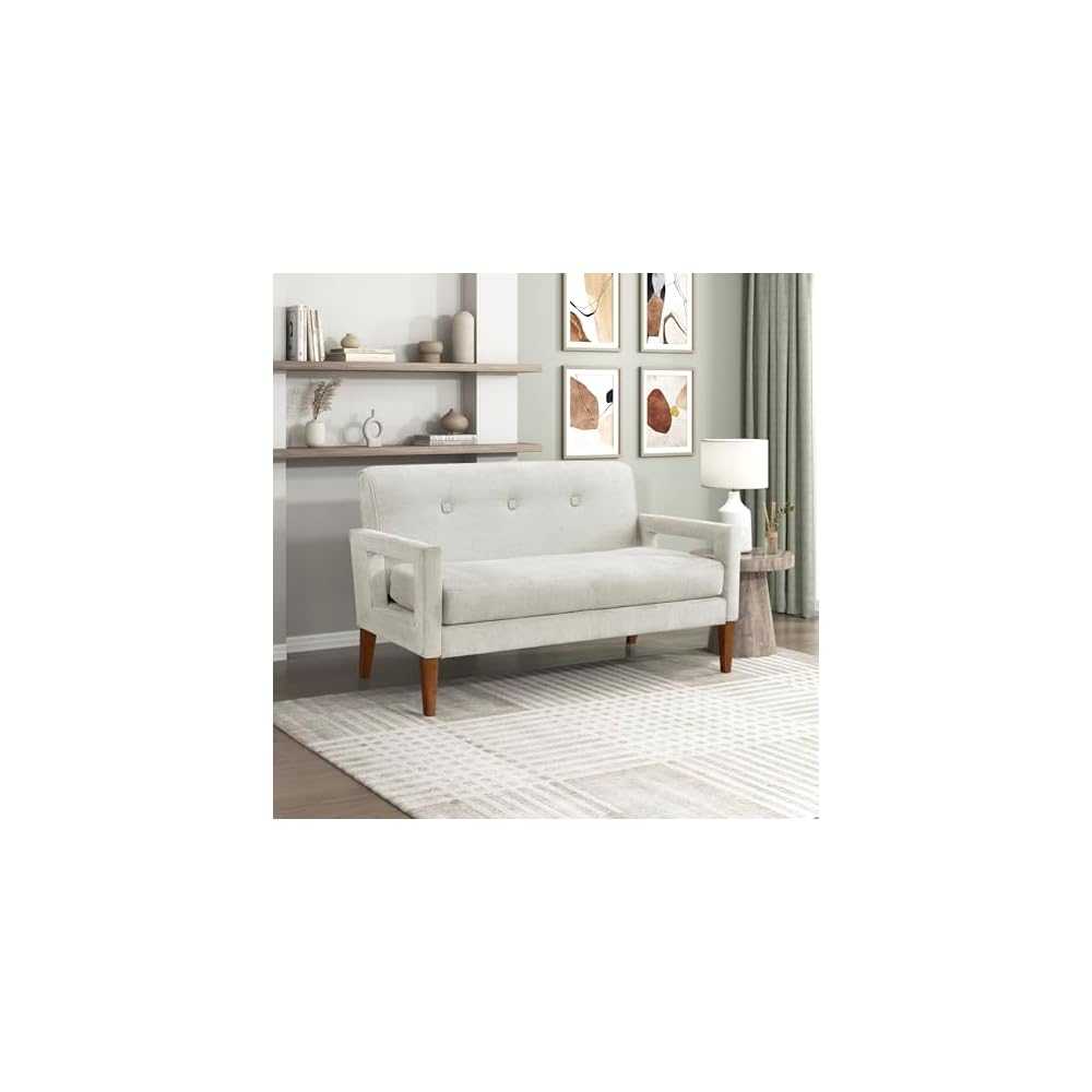 Lexicon Modern Loveseat, Chenille Fabric Upholstered with Button Tufted Backrest, Wrapped Square Armrests and Solid Wood Leg, Comfy Loveseat Sofa for Living Room, Beige