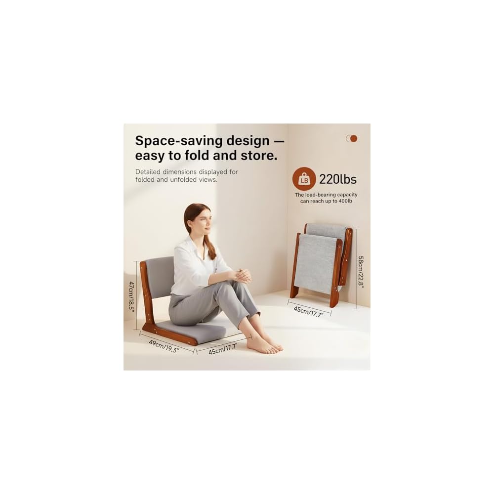 Tiita 2-Pack Foldable Meditation Floor Chairs, Back Support, Walnut Grey