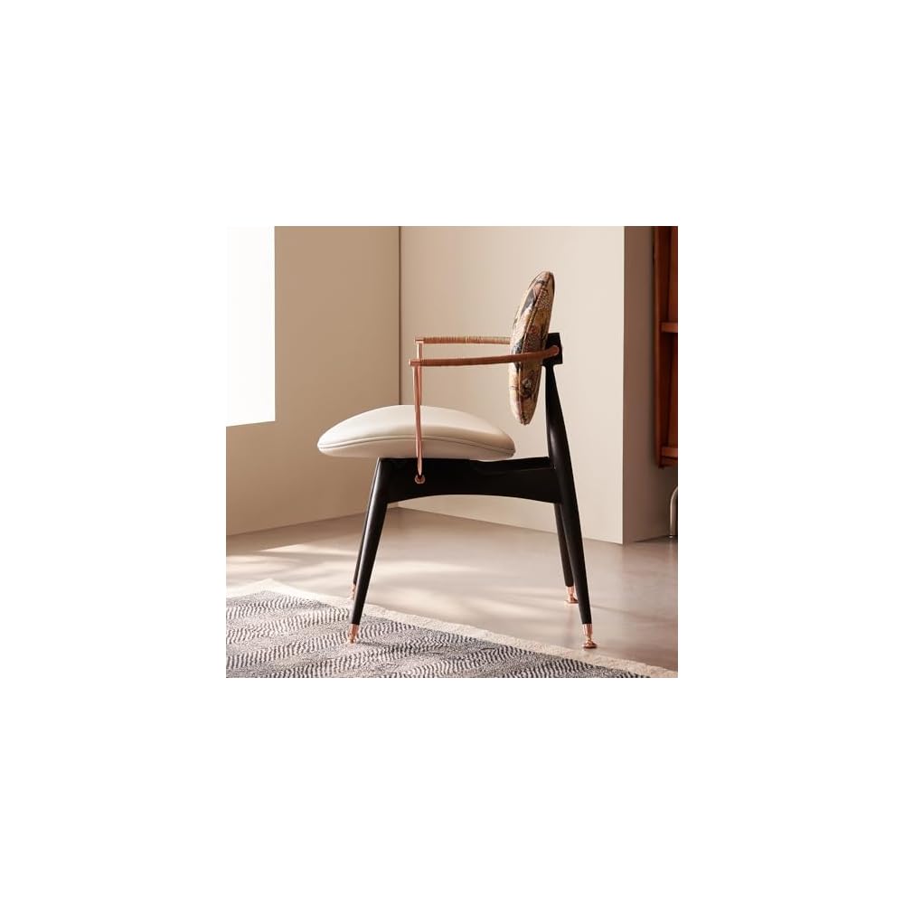 Mid Century Modern Accent Dining Chair with Upholstered Embroidered Backrest, Solid Wood Armchair with Leather Seat Cushion for Living Room, Bedroom & Vanity