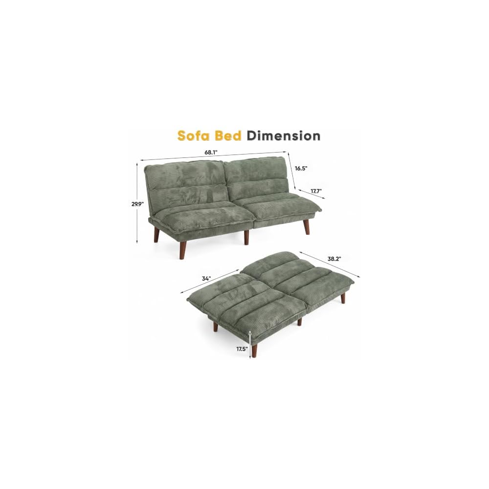 Flamaker 68'' Convertible Futon Sofa Bed, Green Futon Couch, Loveseat