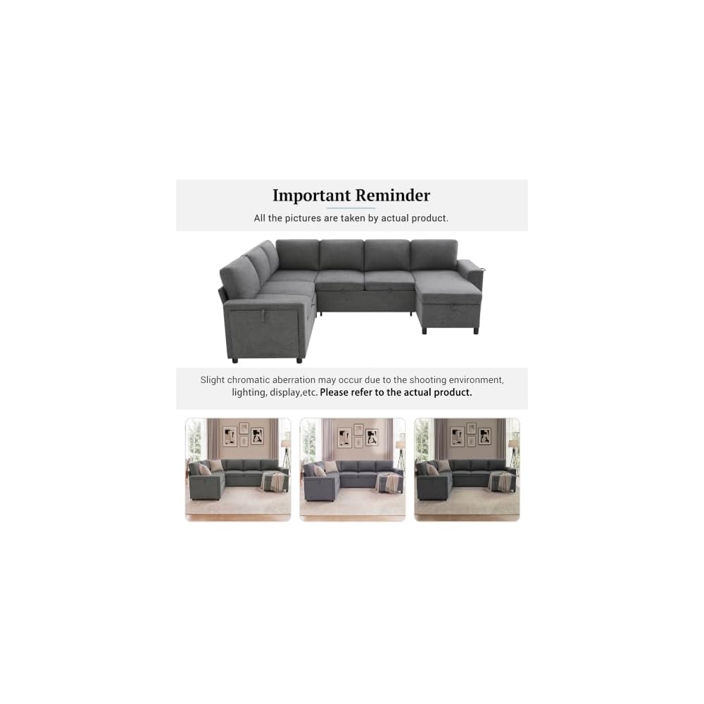 Ball & Cast U Shape Sectional Sofa for Living Room,Chenille Cloud Couch with Dual-Port Charging and Cup Holders,7 Seater Sectional Couches W/Storage,Modular Upholstered Sectional Sofas,Grey,110"