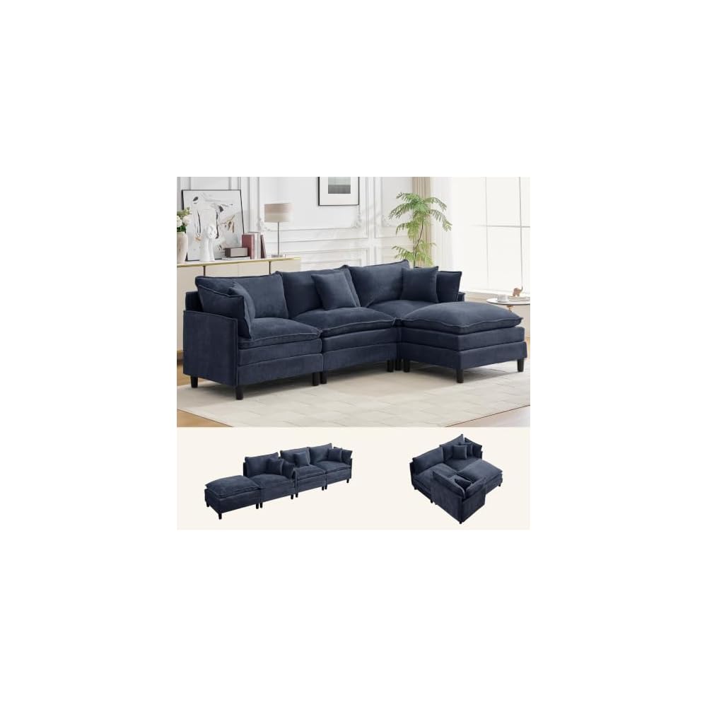 Korser 105" L-Shaped Modular Sectional Sofa, 3-Seater Cloud Couch with 1 Movable Ottoman, Modern Chenille Sofa Set with Removable Washable Pillows for Living Room, Bedroom, Apartment
