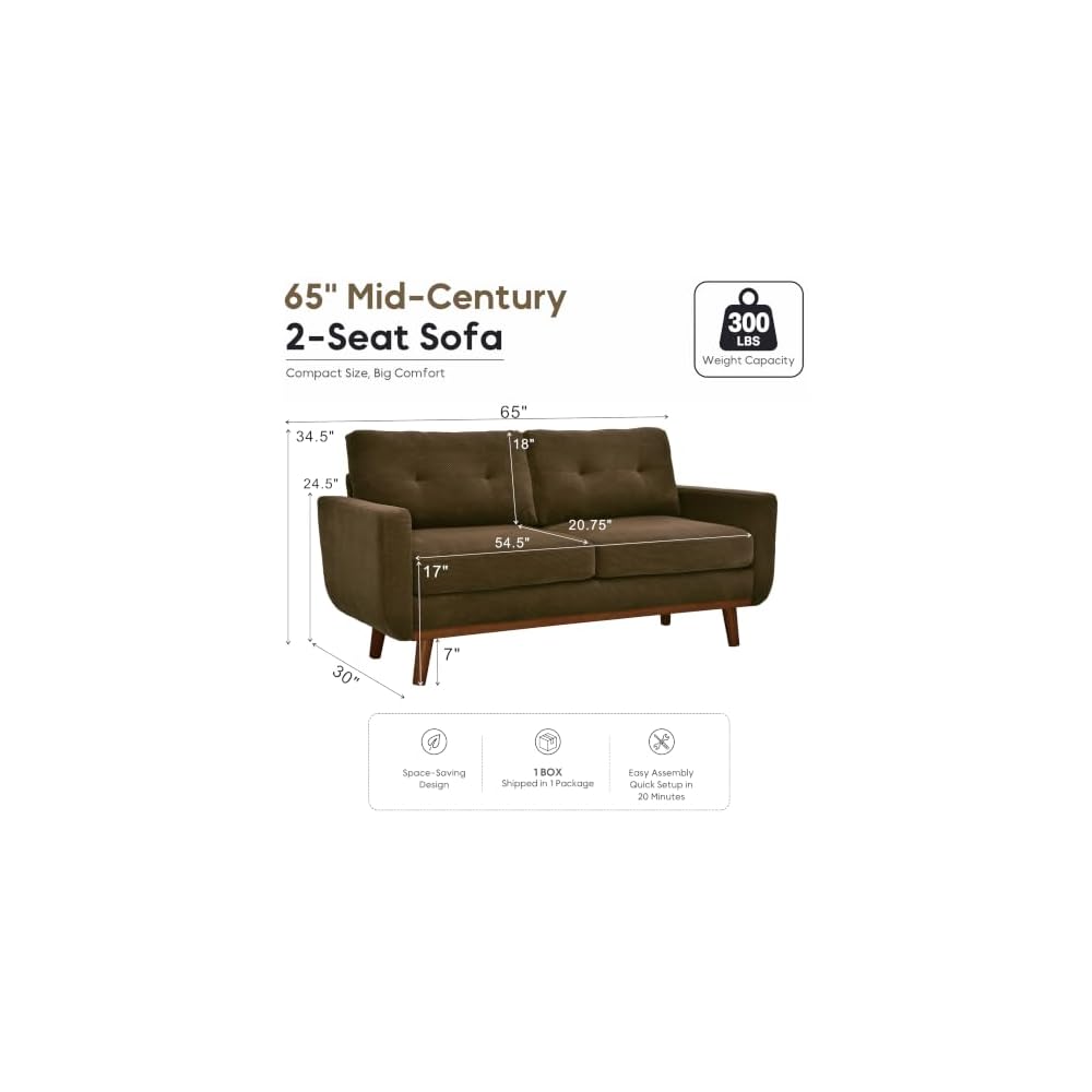 ZEIINPA 65" Mid Century Modern Loveseat Sofa, Knitted Fabric Small Couch with Tufted Backrest, 2 Seater Upholstered Settee with Solid Wood Legs for Living Room, Apartment, Office, Coffee Brown