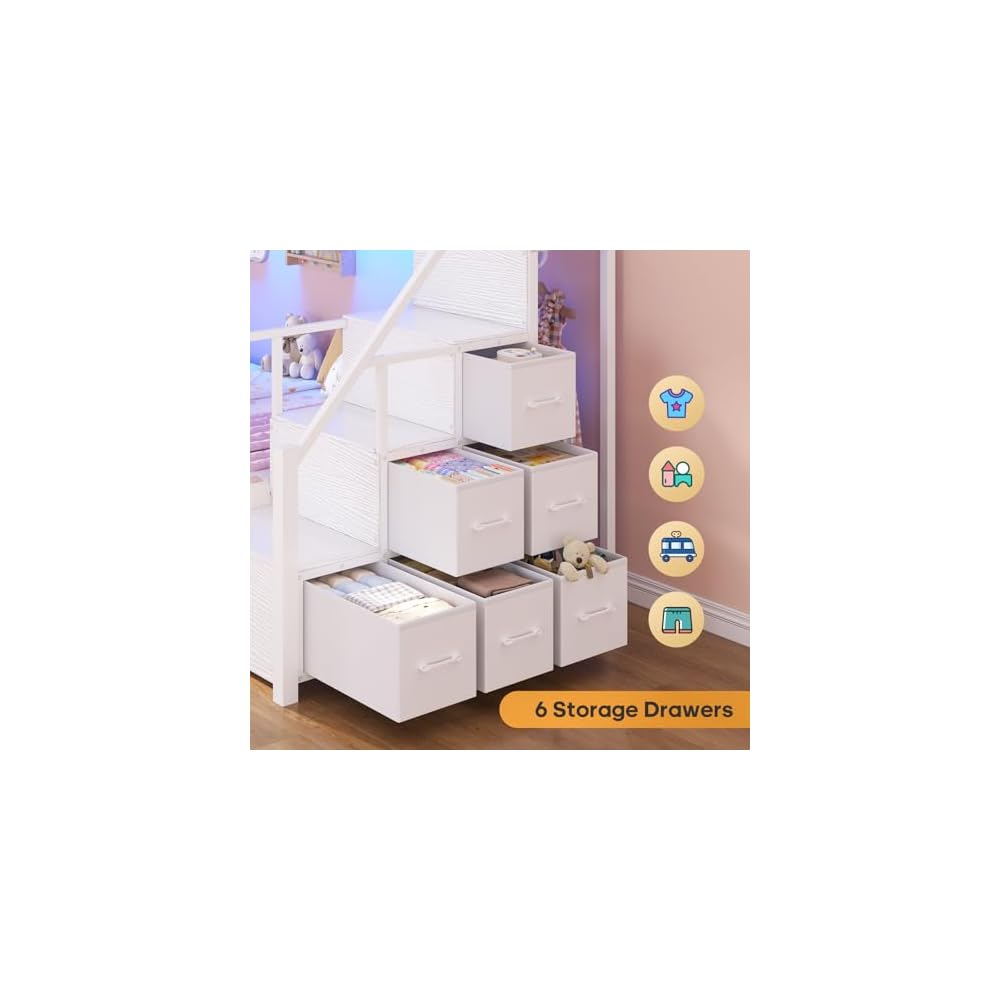 BTHFST Bunk Bed Twin Over Twin with Stairs, Storage Drawers and LED Lights