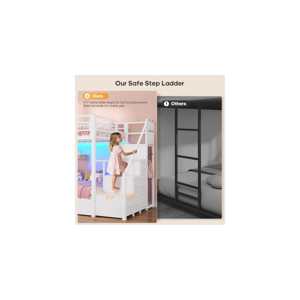 BTHFST Bunk Bed Twin Over Twin with Stairs, Storage Drawers and LED Lights