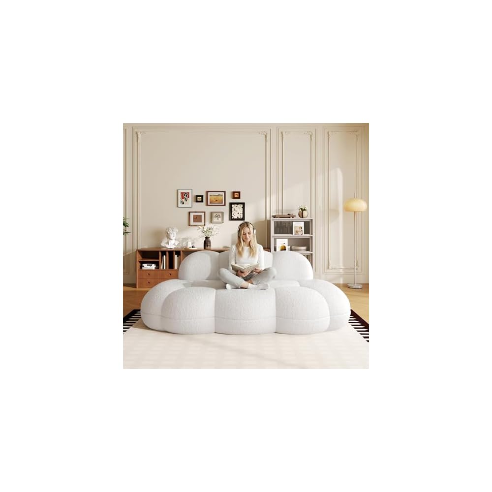 Floor Couch, Modern Curved Loveseat Sofa, Lazy Sofa Round Floor Sofas, Cloud Memory Foam Couches for Living Room, Apartment, Small Spaces (No Assembly, White)