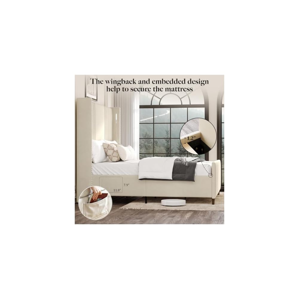 Belffin 59" Tall Queen Size Platform Bed Frame with 2 Touch Lights, Beige