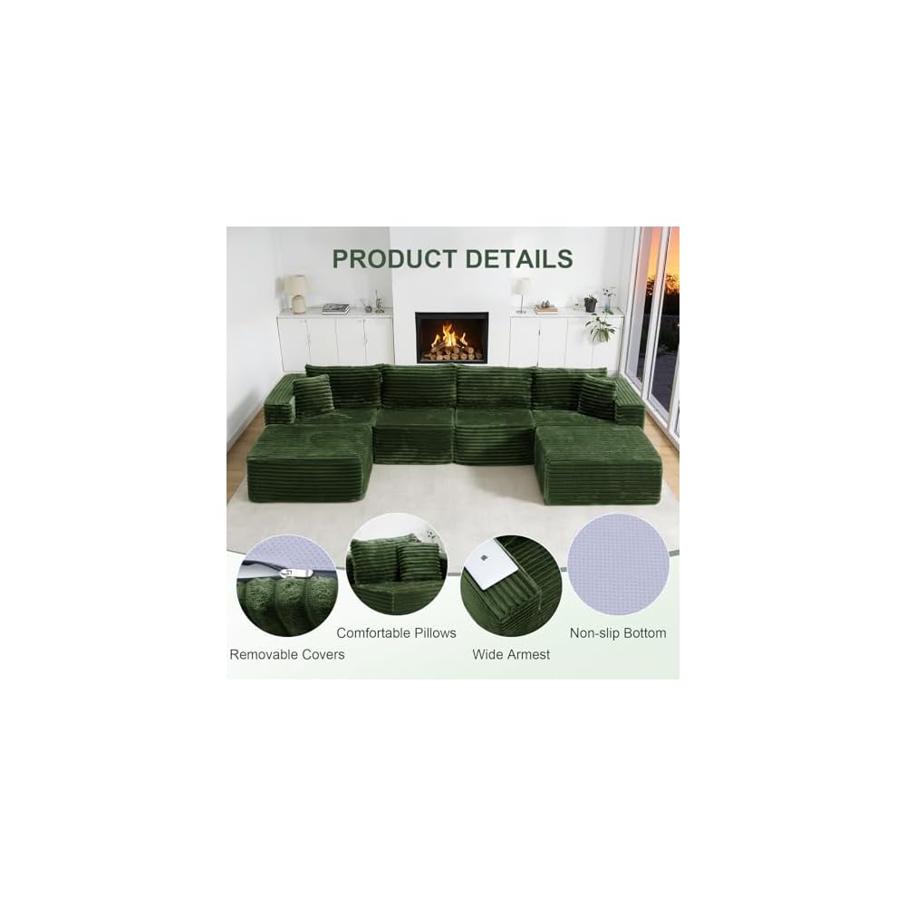 137” Modular Sectional Sofa Couches U Shaped Couch 4 Seater Memory Foam Cloud Couches for Living Room, Boneless Couch with 2 Ottomans, No Assembly Needed Plush Corduroy Sofa