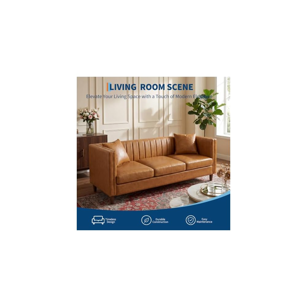 Garvee 81'' Cognac Tan Faux Leather Couch for Living Room