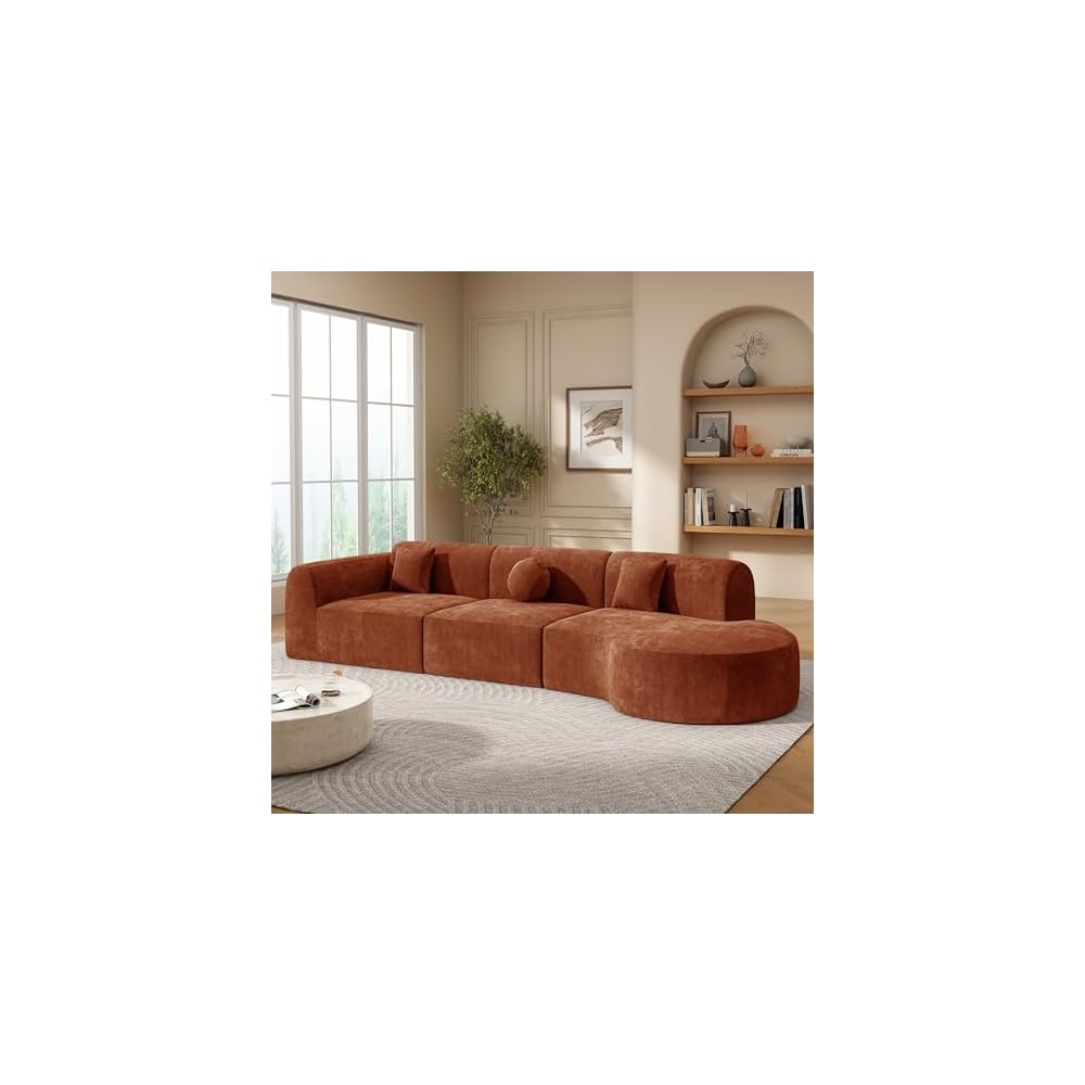 Merax 140" Curved Polyester Sectional Sofa Set, 7 Seat Modern Cloud Couch with Chaise Lounge,3 Pillows, Fully Assembled for Living Room, Orange