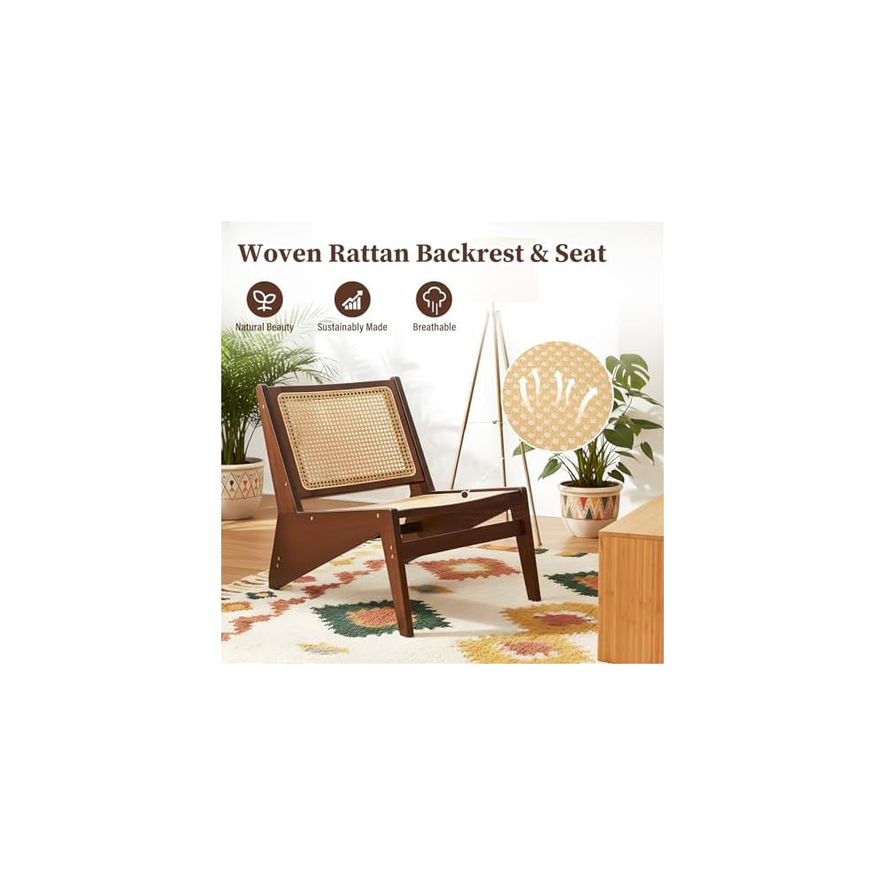 Furlide Rattan Accent Chair, Compact Low-Profile Bamboo Chair in Walnut