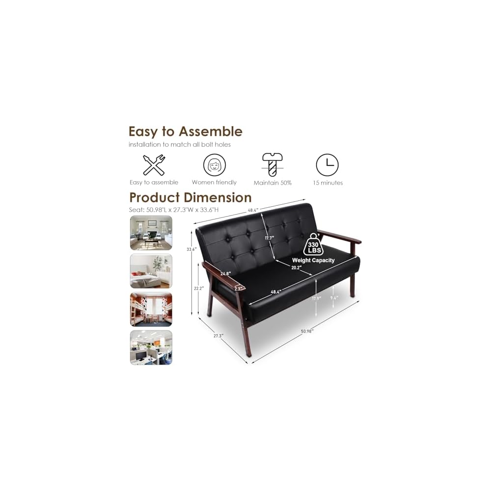 STHOUYN Black Small Leather Couch, 2 Seater Loveseat with Wooden Armrest