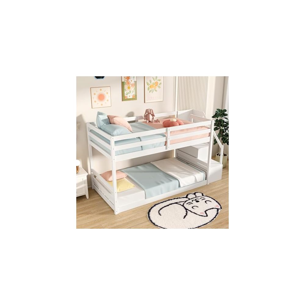GIANTEX Twin Over Twin Bunk Bed with Stairs, Solid Wood Floor Bunk Bed with Storage Staircase & Full-Length Guardrails, Low Bunk Bed with for Kids, Teens, Adults, Dorm, Small Space, White