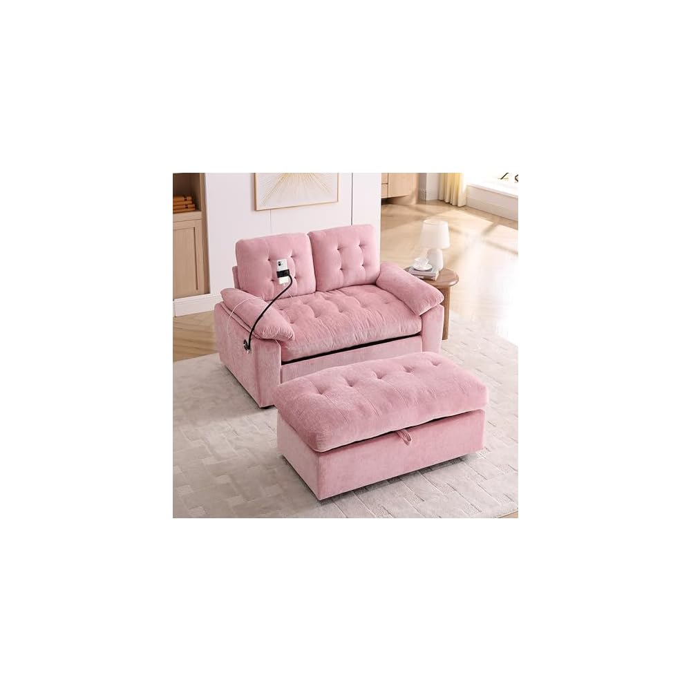 KEIKI 56" Oversized Chaise Lounge Chair Indoor with Storage Ottoman, USB Port &Phone Stand, Cloud Upholstered Chaise Lounge Recliner, Deep Seat Reading Couch Sofa Bed for Living Room Bedroom,Pink