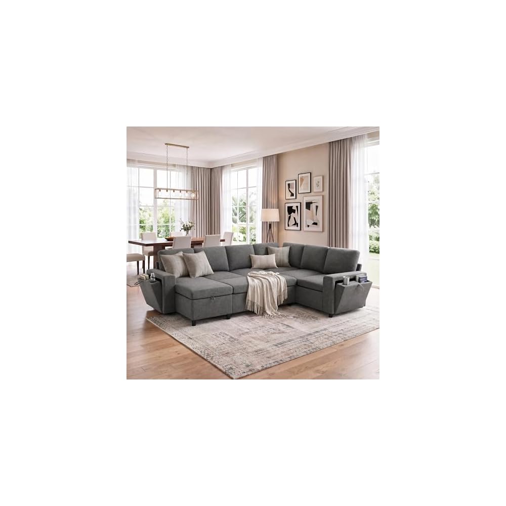 Ball & Cast U Shape Sectional Sofa for Living Room,Chenille Cloud Couch with Dual-Port Charging and Cup Holders,7 Seater Sectional Couches W/Storage,Modular Upholstered Sectional Sofas,Grey,110"