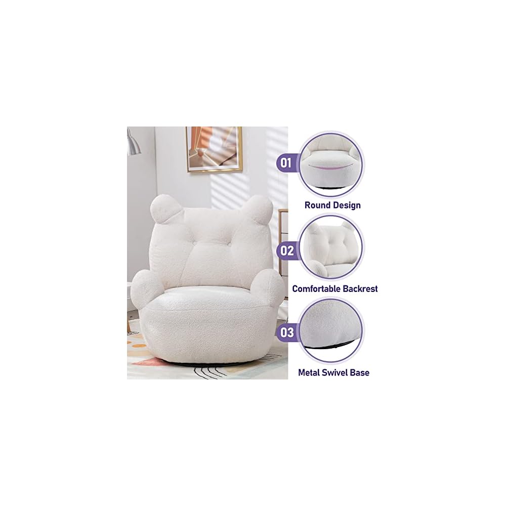 Accent Chair for Living Room, Velvet Swivel Accent Chair, Teddy Short Plush Particle Armchair 360° Swivel Barrel Chairs for Hotel/Bedroom/Office/Lounge (White)