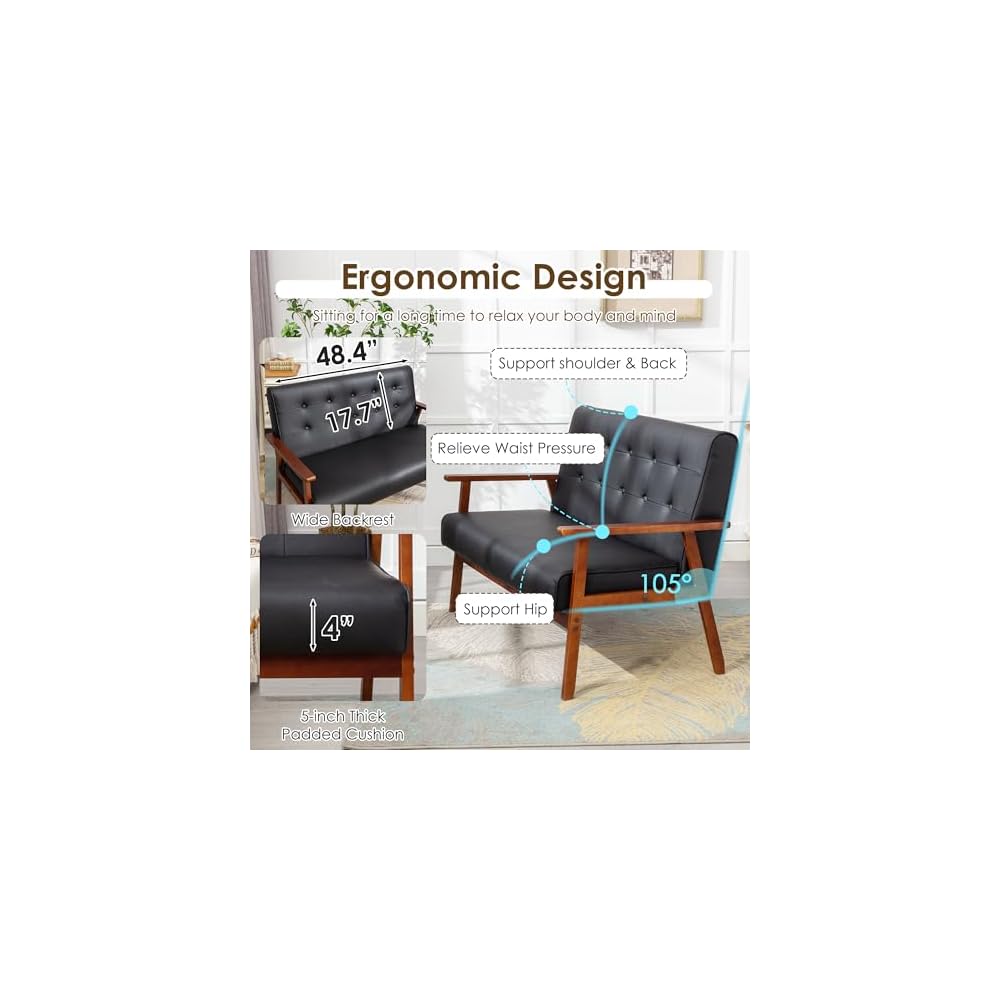STHOUYN Black Small Leather Couch, 2 Seater Loveseat with Wooden Armrest