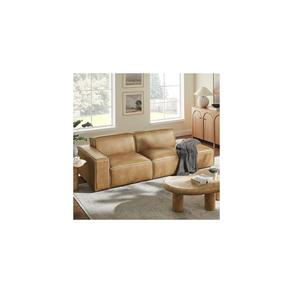 Modway Restore Faux Leather 2-Piece Modular Loveseat in Toast – Low Profile Vegan Leather Sectional Couch with Left-Facing Armchair and Right-Facing Armless Chaise