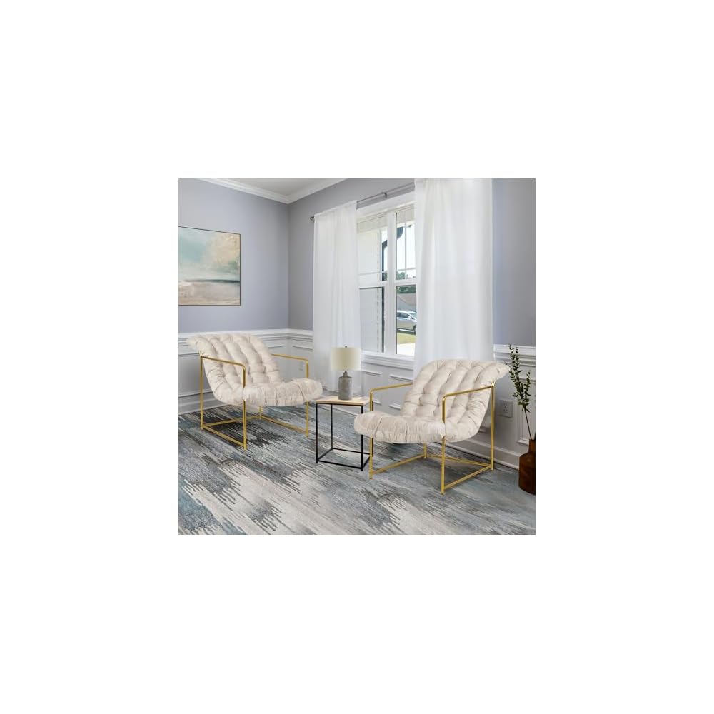 GIA Mid Century Modern Sling Accent Chair for Living Room, Bedroom, and Office,Set of 2,Upholstered in Beige Velvet Fabric with Gold Metal Base