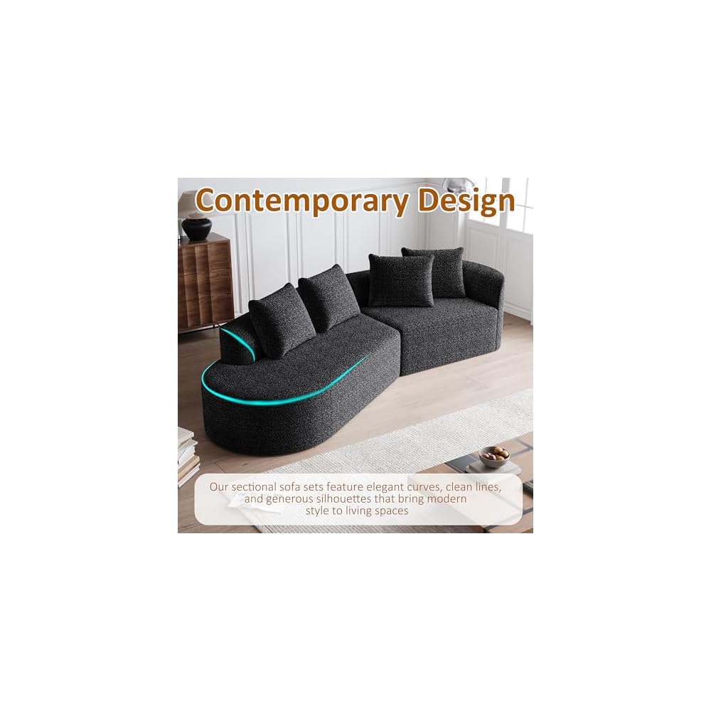Oversized Sectional Sofa, 112-Inch Chenille 4-Seater Extra Deep & Wide Seat Curved Cloud Couch with 4 Throw Pillows, Free Combination Sofa Couch for Living Room,Bedroom