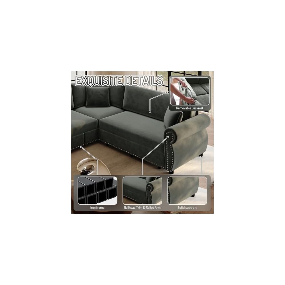 88.2'' Sleeper Sofa Bed, L Shaped Sectional Sofa with Pull Out Bed, Chenille Convertible Sectional Couches for Living Room, Oversized 5 Seater Couch with Nailhead Trim & Rolled Arm, Green