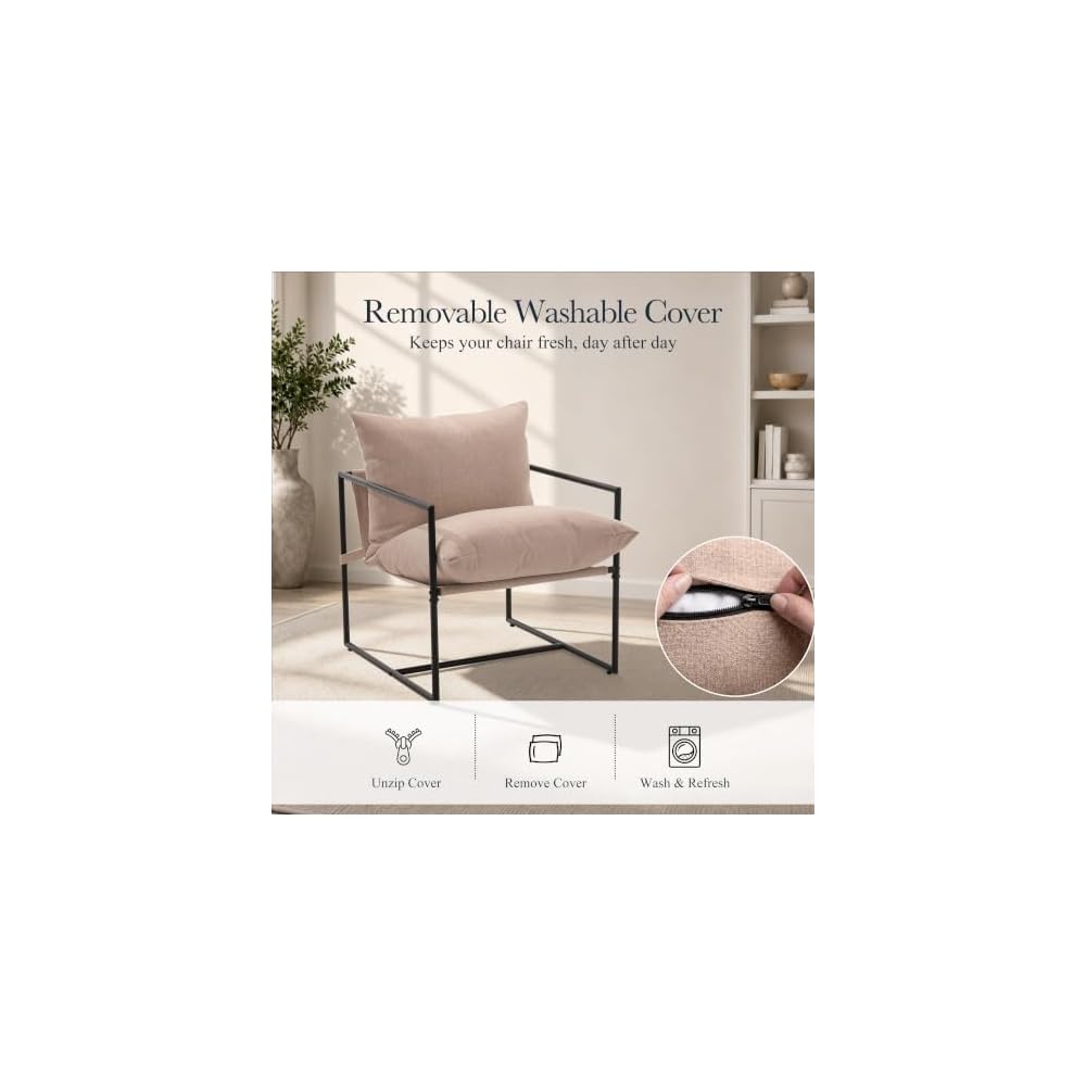Modern Accent Chair, Upholstered Reading Sling Chair with Metal Frame and Soft Cushion,Stylish Lounge Armchair for Living Room, Bedroom or Office Seating, Oatmeal