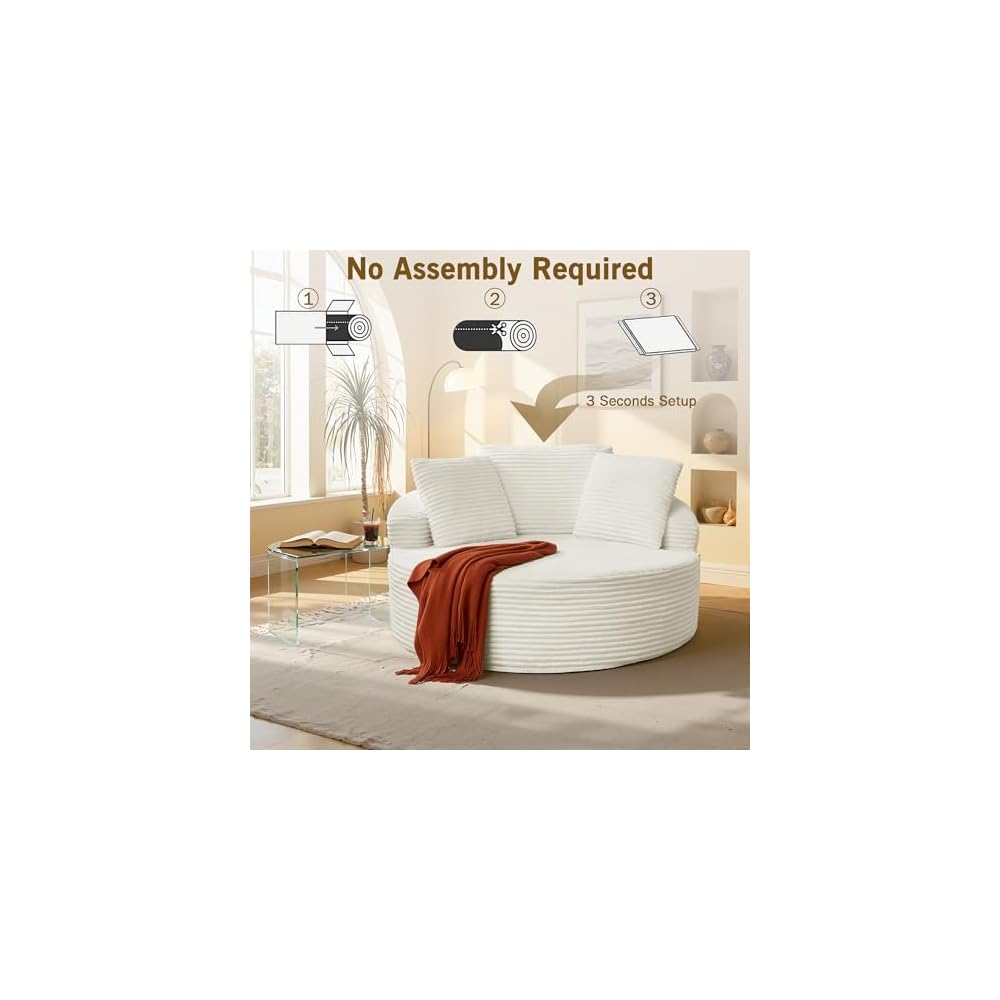 Oversized Round Chaise Lounge Chair,Corduroy Cloud Large Circle Sofa Chair, No Assembly Required, Modern Sleeper Cloud Sofa Couch Bed for Living Room Bedroom Apartment (White)