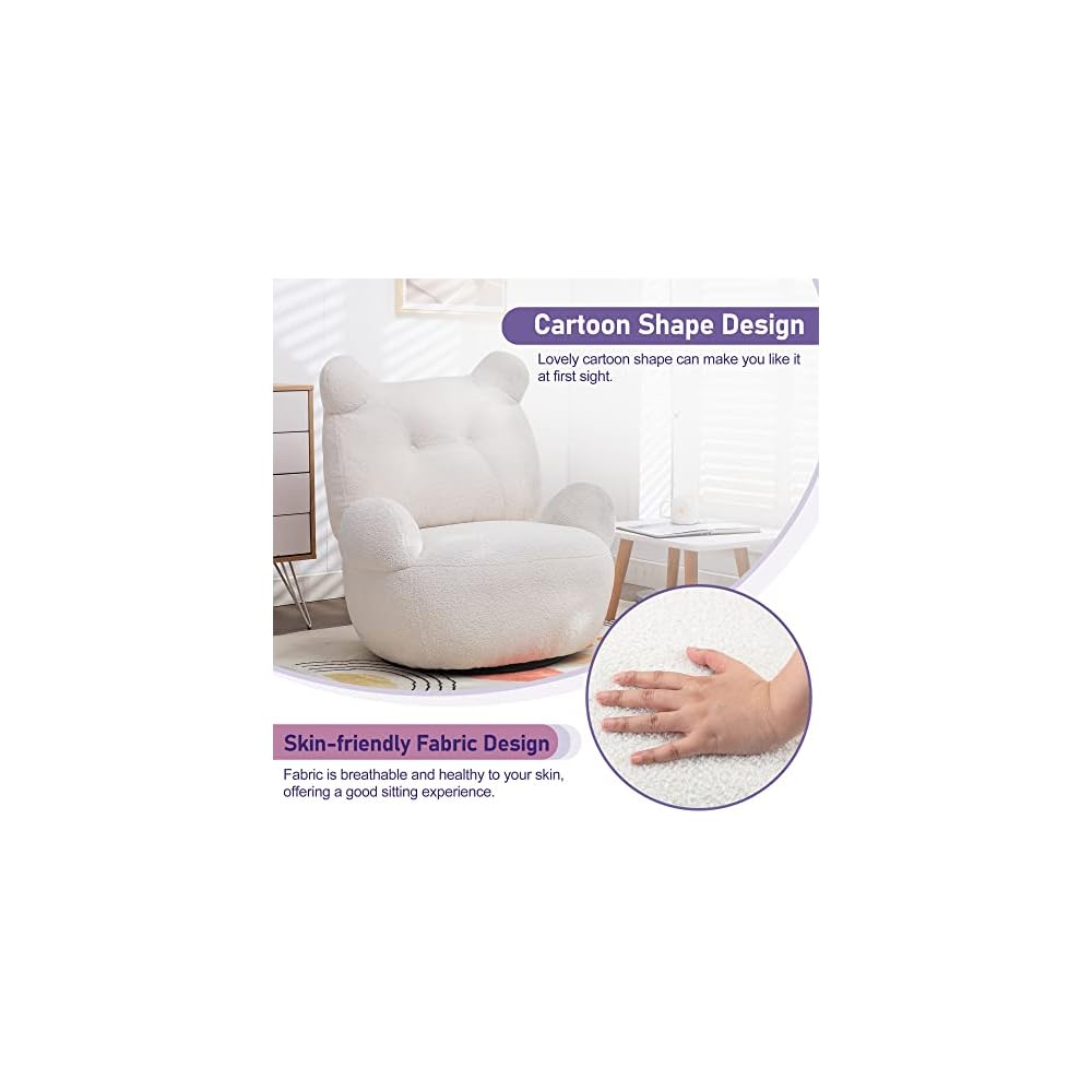 Accent Chair for Living Room, Velvet Swivel Accent Chair, Teddy Short Plush Particle Armchair 360° Swivel Barrel Chairs for Hotel/Bedroom/Office/Lounge (White)