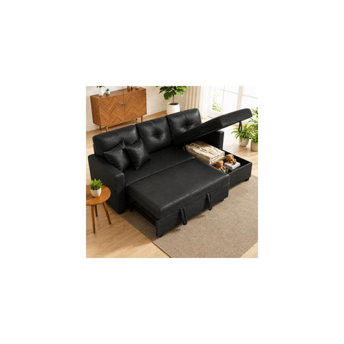 71'' L-Shaped Sectional Pull Out Sofa Bed with Storage Chaise Lounge, 3-Seat Convertible Cloud Deep Seat Sleeper Sofas Couches for Living Room Apartment, Removable Cushions (Black, Faux Leather)