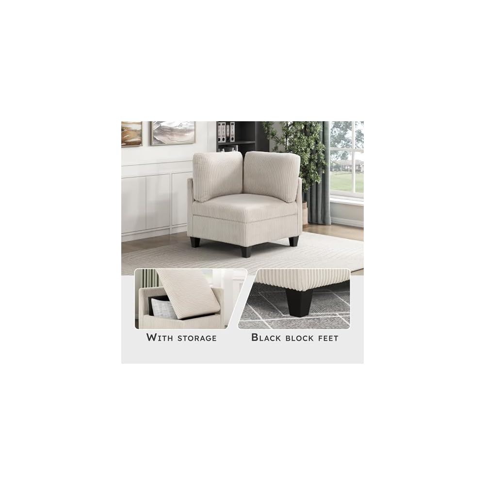 Lexicon Modular Sectional Sofa for Living Room, Corduroy Corner Seat with Storage, Units of Modular Sectional Couch, Upholstered Chair for Customizable Sectional Sofa Couch, Beige