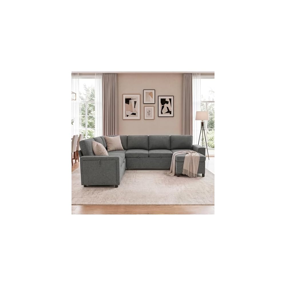 Ball & Cast U Shape Sectional Sofa for Living Room,Chenille Cloud Couch with Dual-Port Charging and Cup Holders,7 Seater Sectional Couches W/Storage,Modular Upholstered Sectional Sofas,Grey,110"