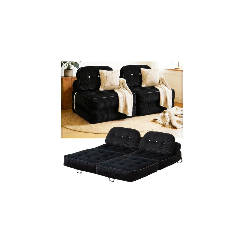 Compressed 2 Seater Sofa Bed,66" Flannel Modular Loveseat with Storage Pocket, 35D High-Resilience Foam, Thick Cushion Floor Couch for Small Spaces, Apartment, Bedroom, Living Room, Black