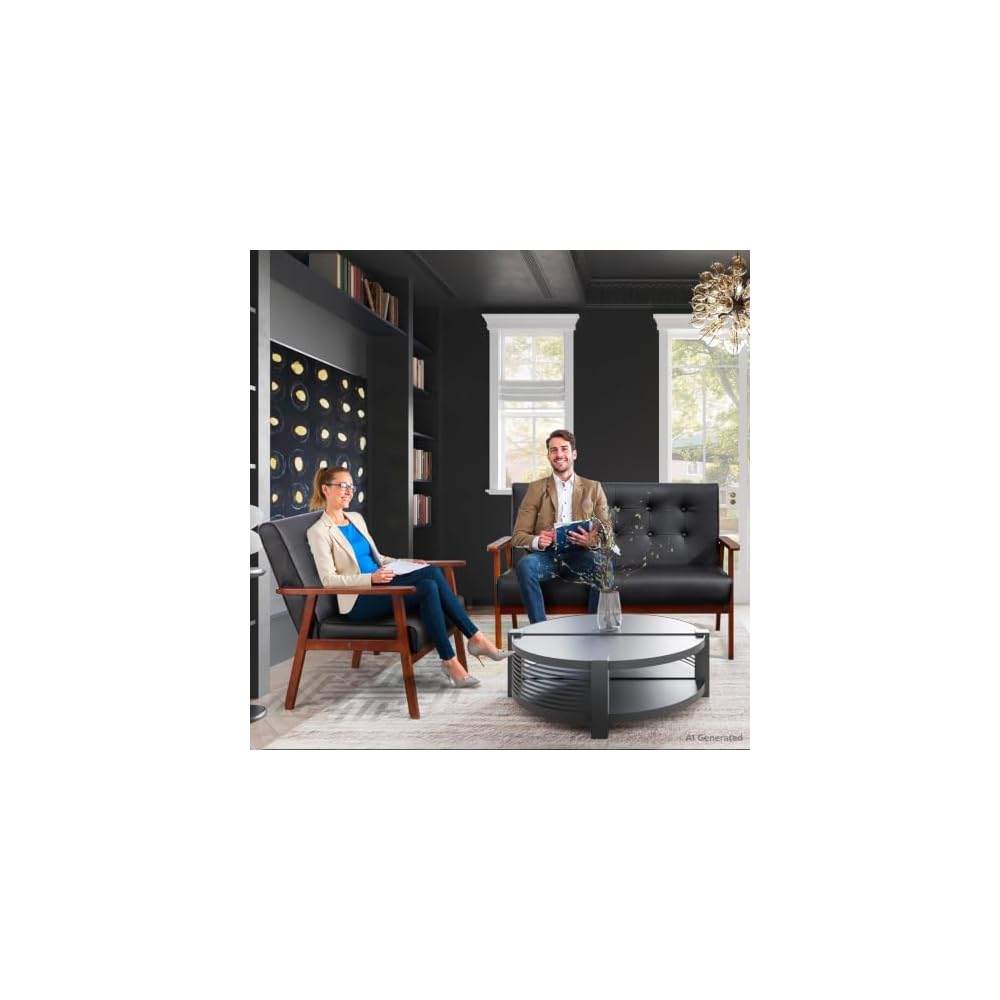 STHOUYN Black Small Leather Couch, 2 Seater Loveseat with Wooden Armrest