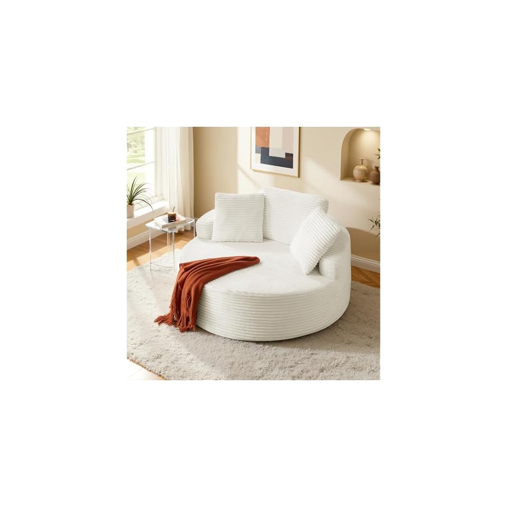 Oversized Round Chaise Lounge Chair,Corduroy Cloud Large Circle Sofa Chair, No Assembly Required, Modern Sleeper Cloud Sofa Couch Bed for Living Room Bedroom Apartment (White)