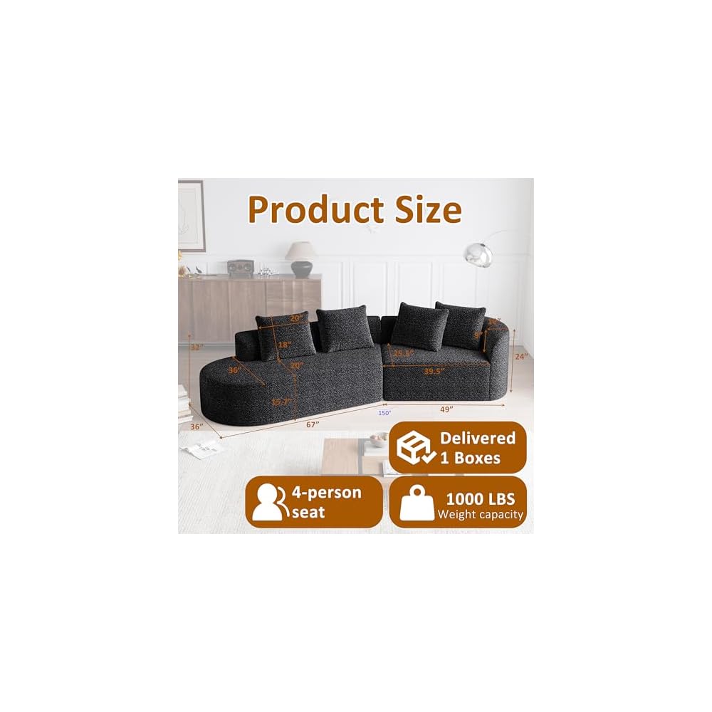 Oversized Sectional Sofa, 112-Inch Chenille 4-Seater Extra Deep & Wide Seat Curved Cloud Couch with 4 Throw Pillows, Free Combination Sofa Couch for Living Room,Bedroom