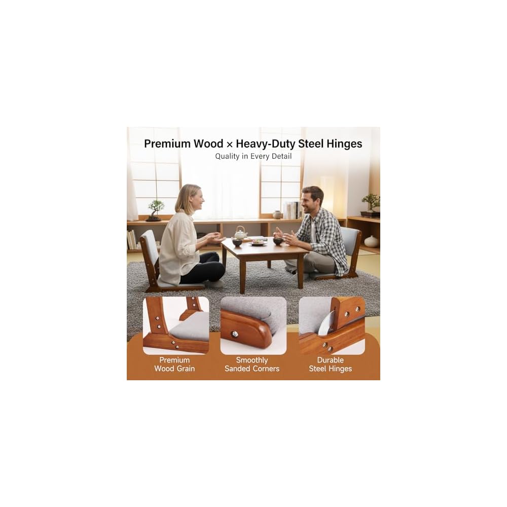 Tiita 2-Pack Foldable Meditation Floor Chairs, Back Support, Walnut Grey