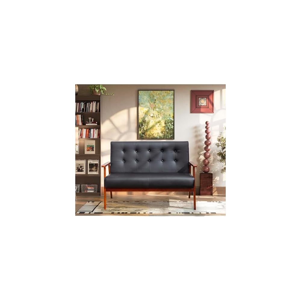 STHOUYN Black Small Leather Couch, 2 Seater Loveseat with Wooden Armrest