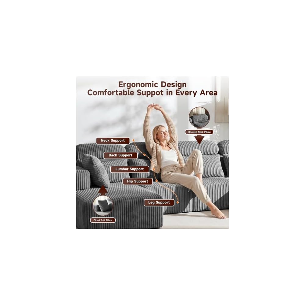 145.7" U Shaped Sectional Cloud Couches for Living Room, Corduroy Memory Foam Modular Boneless Sofa Couch with Storage Console & Cup Holder, Deep Seat, No Assembly, Dark Gray