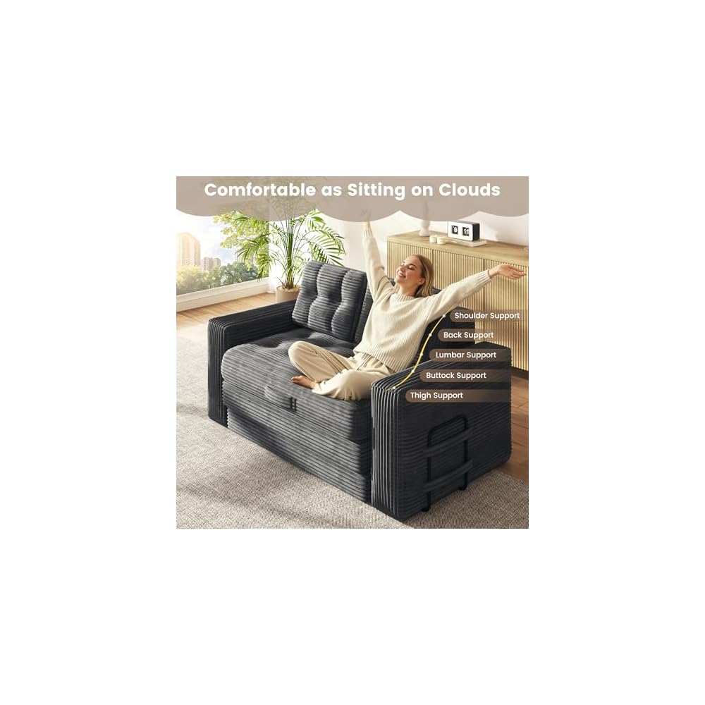 EROMMY 56" Boneless Couch Bed, Convertible Sofa Bed with Corduroy Fabric, Small Loveseat Sleeper Sofa for Small Spaces, Pull Out Futon Couch with 2 Pillows, No Assembly, Grey
