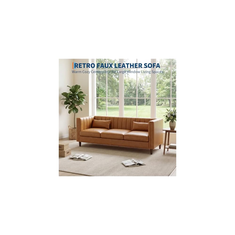 Garvee 81'' Cognac Tan Faux Leather Couch for Living Room
