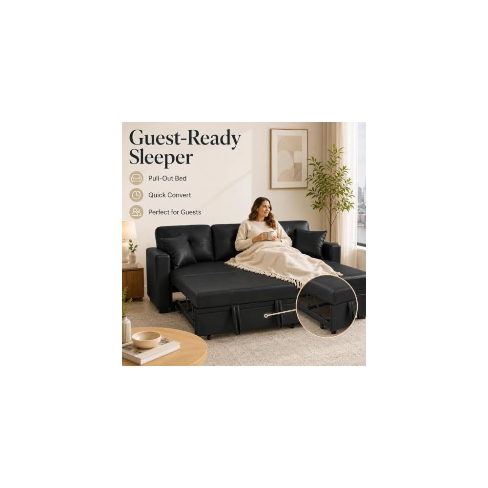 71'' L-Shaped Sectional Pull Out Sofa Bed with Storage Chaise Lounge, 3-Seat Convertible Cloud Deep Seat Sleeper Sofas Couches for Living Room Apartment, Removable Cushions (Black, Faux Leather)