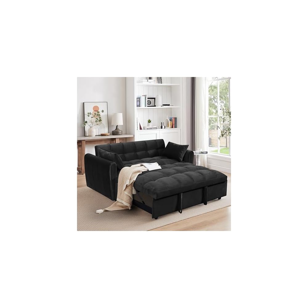 65 Inch Convertible Sleeper Sofa, 3-in-1 Sleeper Loveseat with Adjustable Backrest & Padded Armrests, Velvet Sofa Bed for Living Room, Apartment, Bedroom or Office, Black