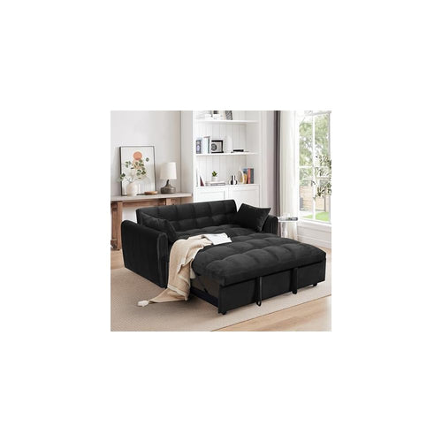 65 Inch Convertible Sleeper Sofa, 3-in-1 Sleeper Loveseat with Adjustable Backrest & Padded Armrests, Velvet Sofa Bed for Living Room, Apartment, Bedroom or Office, Black