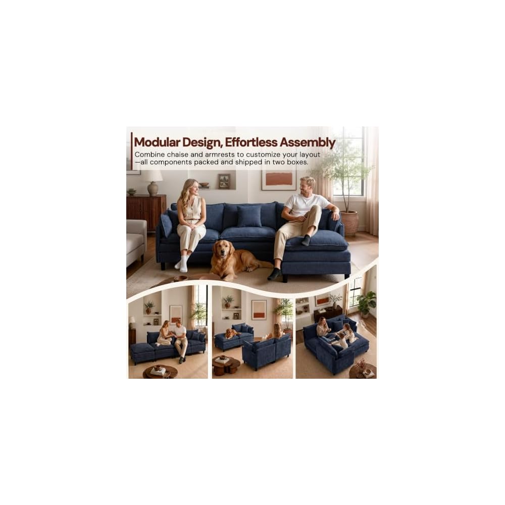 Korser 105" L-Shaped Modular Sectional Sofa, 3-Seater Cloud Couch with 1 Movable Ottoman, Modern Chenille Sofa Set with Removable Washable Pillows for Living Room, Bedroom, Apartment